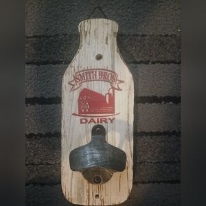 Vintage Rustic Wall Bottle Opener Smith Bros Dairy White Red 9"x3 1/2"